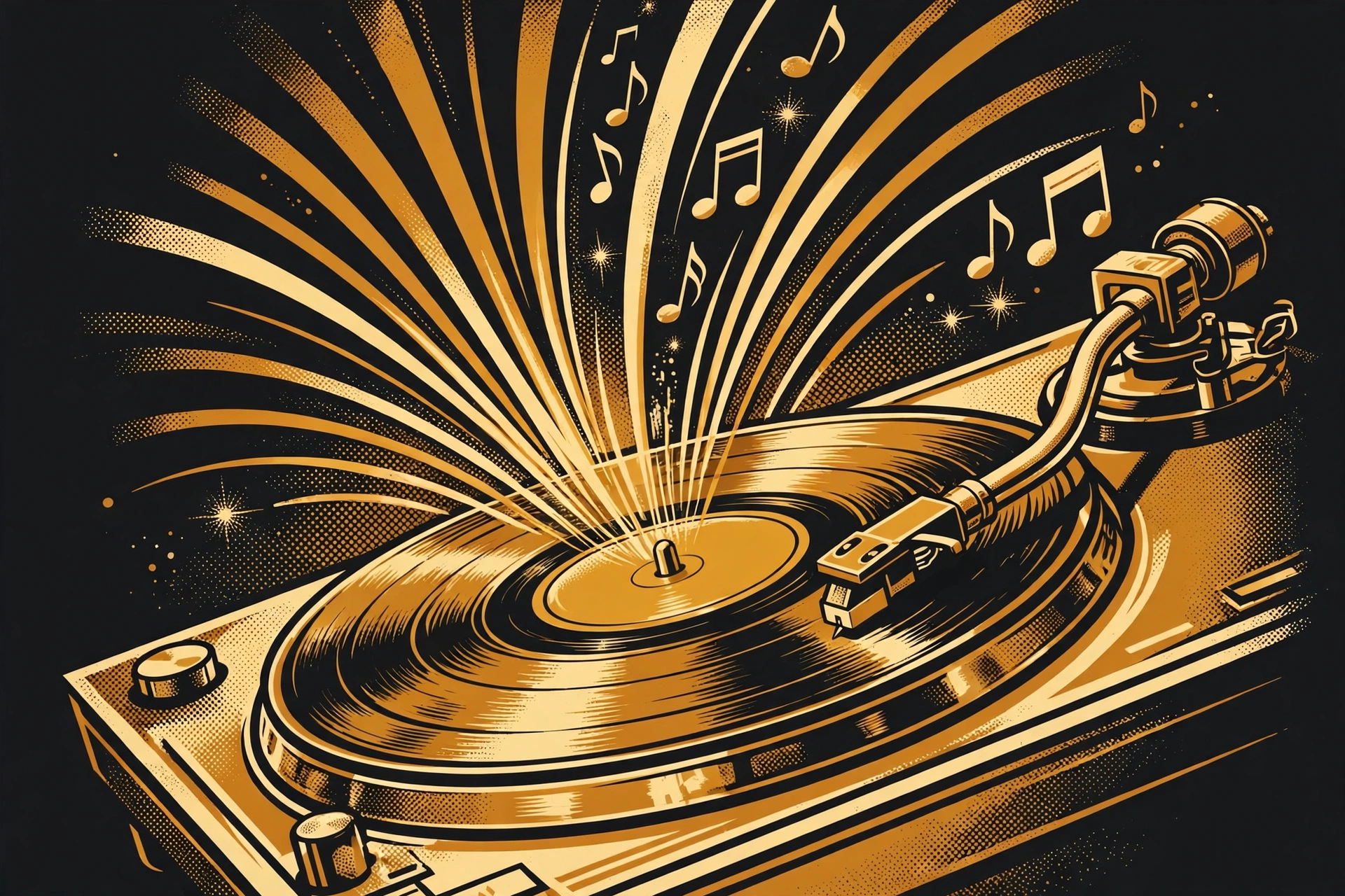 Illustration of a vinyl record spinning on a turntable, music notes rising off the grooves